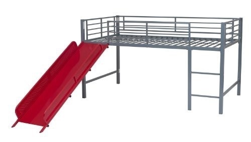 DHP Junior Twin Metal Loft Bed with Slide, Multifunctional Design, Silver with Red Slide   - Lot 226