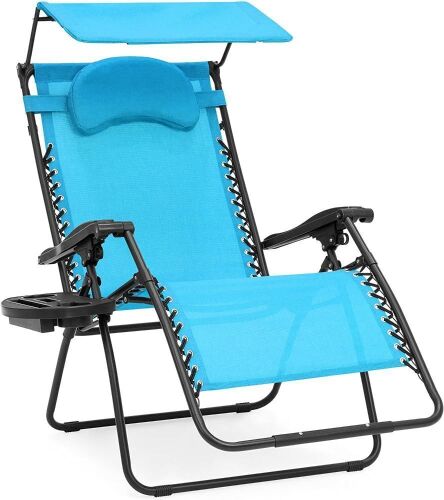 Oversized Steel Mesh Zero Gravity Reclining Lounge Patio Chair w/Folding Canopy Shade and Cup Holder, Aqua - Lot 264