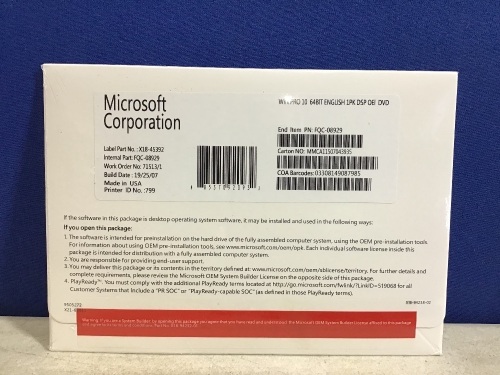 Microsoft Windows 10 Pro 64 Bit System Builder OEM DVD  - Lot 491