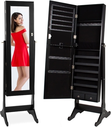 Standing Mirror Armoire, Lockable Jewelry Storage Organizer Cabinet w/ Velvet Interior, 3 Angle Adjustments  - Lot 635