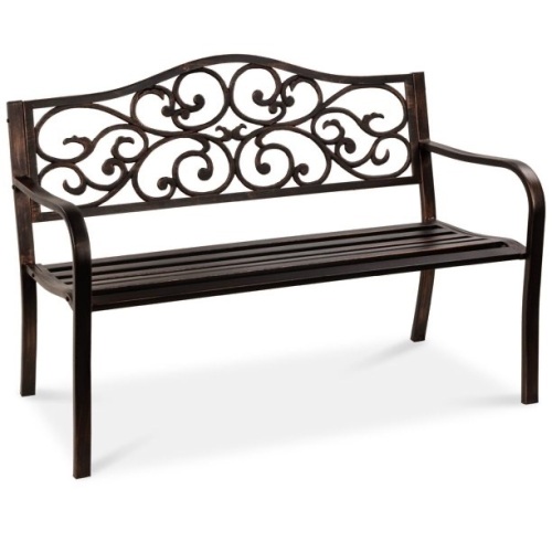 50in Classic Steel Patio Garden Bench w/ Decorative Floral Scroll Design - Bronze  - Lot 648