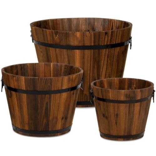 Set of 3 Rustic Wood Bucket Barrel Garden Planters Set w/ Drainage Holes - Lot 651