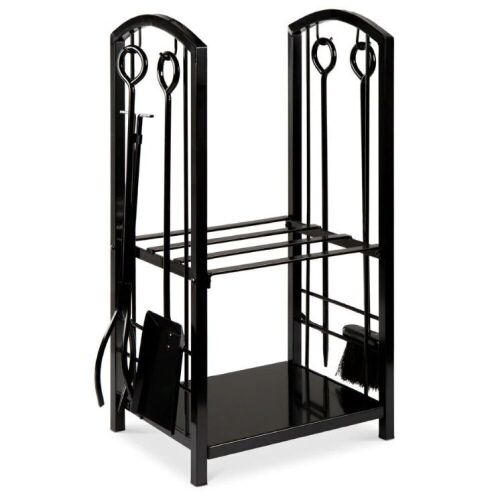 5-Piece Firewood Log Rack Holder Tools Set w/ Hook, Broom, Shovel, Tongs - Lot 661
