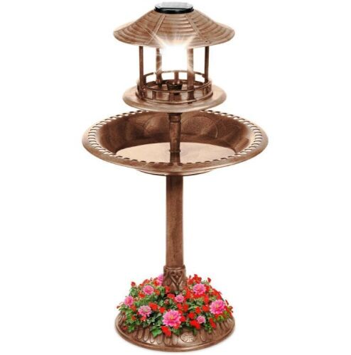 Solar Lighted Outdoor Pedestal Bird Bath w/ Planter, Decorative Bird Cage - Lot 792