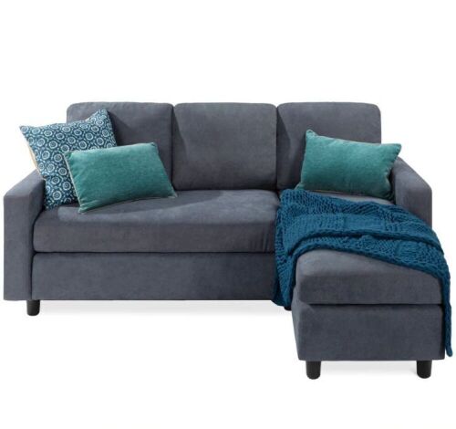 Linen Sectional Sofa Couch w/ Chaise Lounge, Reversible Ottoman Bench - Lot 64