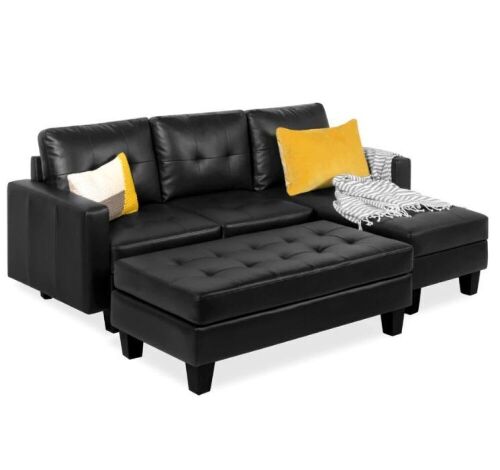L-Shape Customizable Faux Leather Sofa Set w/ Ottoman Bench - Lot 78