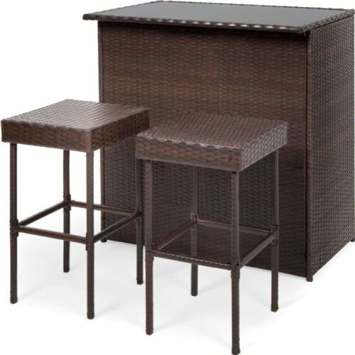 3-Piece Outdoor All-Weather Wicker Bar Table Set w/ 2 Stools - Lot 339