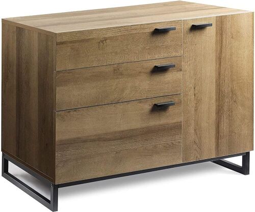 WLIVE 3 Drawer Dresser with 1 Side Door, Sturdy Metal Frame, Gray Oak - Lot 598