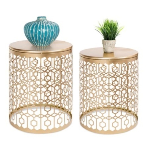 Set of 2 Decorative Round Side Accent Table Nightstands w/ Nesting Design, Gold, Appears New - Lot 209