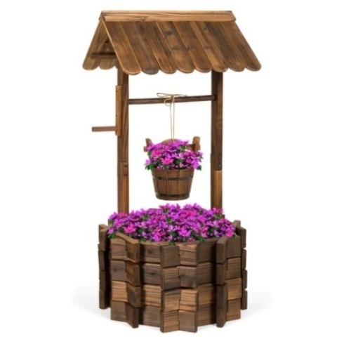 Rustic Wooden Wishing Well Planter Yard Decoration w/ Hanging Bucket, Appears New - Lot 210
