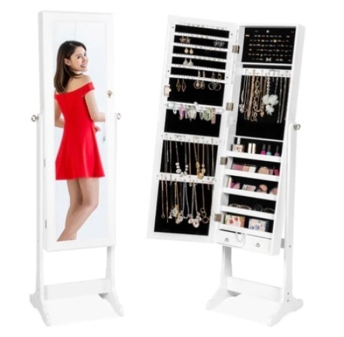 Full Length Standing Jewelry Mirror Armoire w/ Velvet Interior, White, Appears New - Lot 229