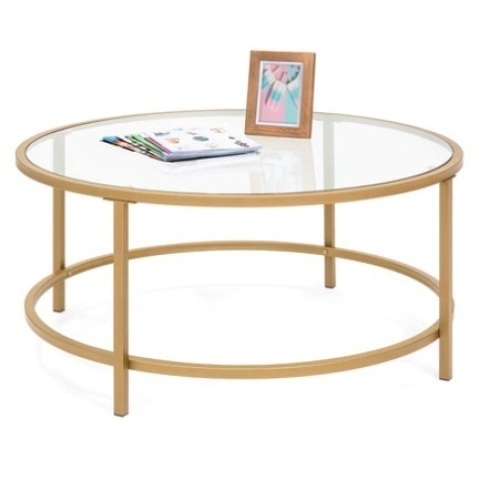 Round Tempered Glass Coffee Table w/ Steel Frame, 36in, Gold, Appears New/ Damaged Box - Lot 236