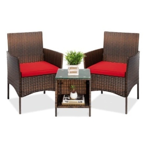 3-Piece Outdoor Patio Wicker Bistro Set w/ Side Storage Table, Brown/Red, Appears New - Lot 240