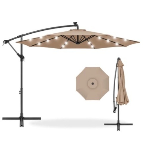Solar LED Offset Hanging Patio Umbrella w/ Crank Tilt Adjustment,10ft, Tan, Appears New - Lot 244