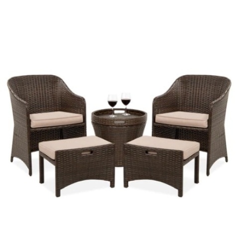 5-Piece Outdoor Wicker Bistro Set w/ Side Storage Table, No Assembly, Brown, E-Commerce Return - Lot 258