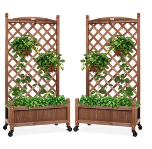 Set of 2 Wood Planter Box & Lattice Trellis w/ Optional Wheels, 48in, Appears New - Lot 279