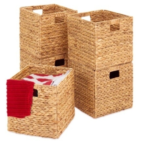 Set of 5 Collapsible Hyacinth Storage Baskets w/ Inserts, 12x12in, Natural, Appears New - Lot 285