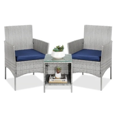 3-Piece Outdoor Patio Wicker Bistro Set w/ Side Storage Table, Gray/Navy, Appears New - Lot 292