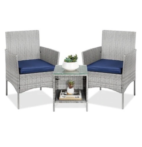 3-Piece Outdoor Patio Wicker Bistro Set w/ Side Storage Table, Gray/Navy, Appears New - Lot 294