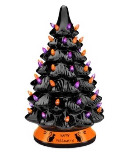 Pre-Lit 15in Ceramic Halloween Tree w/ Orange & Purple Bulb Lights, Appears New - Lot 299