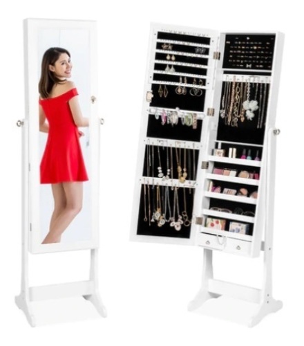 Full Length Standing Jewelry Mirror Armoire w/ Velvet Interior, White, Appears New - Lot 306