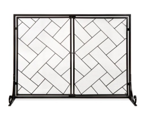 2-Panel Wrought Iron Geometric Fireplace Screen w/ Magnetic Doors, 44x33in, Black, Appears New - Lot 417