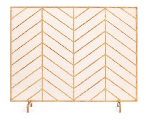 Single Panel Iron Chevron Fireplace Screen w/ Antique Finish, Gold, 38x31in, Appears New - Lot 430