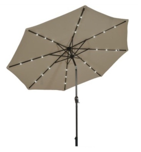 10' Solar LED Lighted Patio Umbrella,Tilt Crank, Tan, Appears New - Lot 431