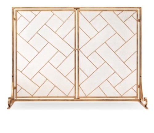 2-Panel Wrought Iron Geometric Fireplace Screen w/ Magnetic Doors, Gold, 44x33in, Appears New - Lot 432