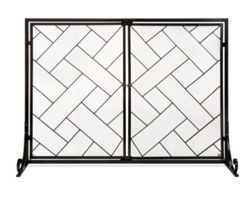 2-Panel Wrought Iron Geometric Fireplace Screen w/ Magnetic Doors, Black, 44x33in, Appears New - Lot 441