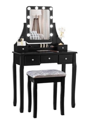 Black Vanity Dressing Table Set with 10-Dimmable Bulbs, Touch Switch, & Cushion Stool, Appears New/ Damaged Box - Lot 456