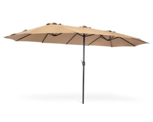 15x9ft Large Double-Sided Rectangular Outdoor Aluminum Twin Patio Market Umbrella w/ Crank, Beige, Appears New - Lot 472