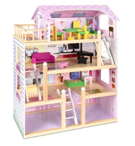 4-Level Kids Wooden Dollhouse w/ 13 Furniture Accessories, Appears New - Lot 489