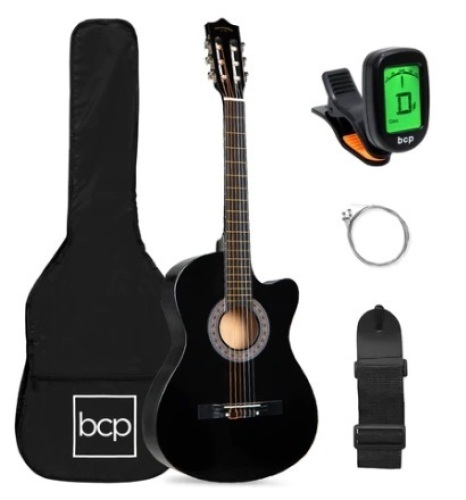 Beginner Acoustic Cutaway Guitar Set w/ Case, Strap, Capo, 38in, Black, Appears New/Damaged Box - Lot 496