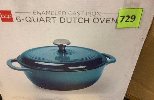 6qt Non-Stick Enamel Cast-Iron Dutch Oven Kitchen Cookware w/ Side Handles - Lot 729