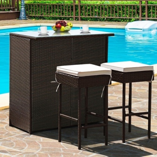 Costway 3PCS Patio Rattan Wicker Bar Table Stools Dining Set Cushioned Chairs Garden - Lot 1210
