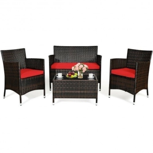4 Pcs Rattan Outdoor Patio Conversation Furniture Set With Glass Table And Comfortable Wicker Sectional Sofa - Lot 1332