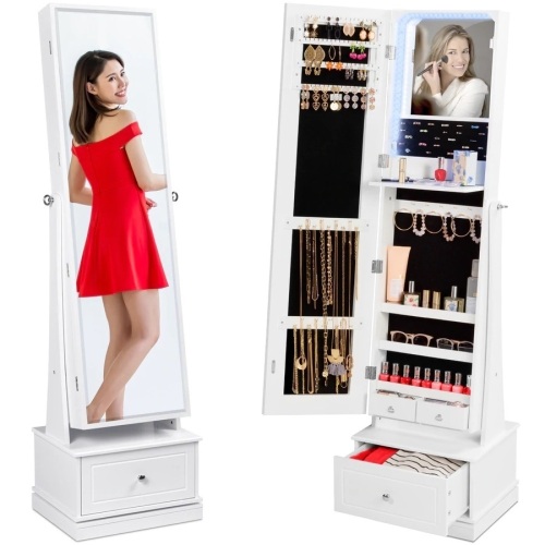 360 Swivel Mirrored Jewelry Cabinet Armoire w/ LED Lights, Mirror - Lot 2991