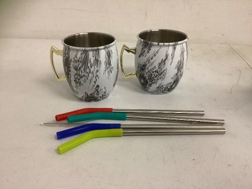 Pair of Mugs w/ Stainless Steel Straws, Appears New - Lot 528