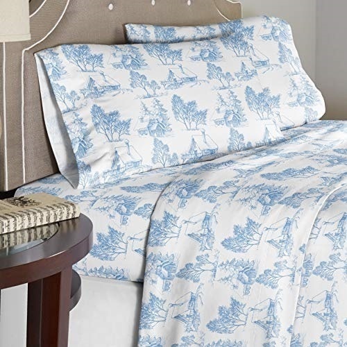 Pointehaven Cotton Flannel Sheet Set, Cal King, Scenic Toile, Blue - Appears New   - Lot 670