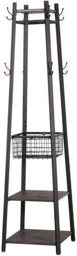 VECELO Industrial Coat Rack with 2 Tier Storage Shelves/Basket, 8 Dual Hooks, Vintage Brown/Black - Appears New - Lot 749