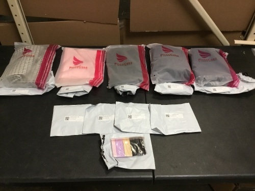 Lot of (5) 4pc Bra Extenders, (2) 18" x 18" Throw Pillow Cover 2pc Sets, (1) Peach Body Pillow Cover, (1) Velvet Spandex Stretch Dining Chair Covers Set of 2, Black, Medium and (1) Set of Blackout French Door Curtain Panels 25" x 40" - Appear New - Lot 918