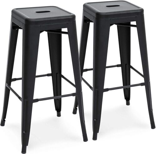 30in Metal Modern Industrial Bar Stools w/Drainage Holes for Indoor/Outdoor, Set of 2, Matte Black - Lot 251