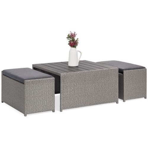 3-Piece Outdoor Wicker Coffee Table with Ottomans - Lot 254