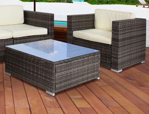 Outdoor Patio Wicker Side Chair & Glass Top Coffee Table, Grey  - Lot 302