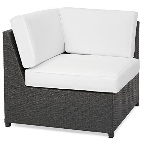 Wicker Patio Sofa Corner Piece, Grey w/ White Cushions - Lot 407