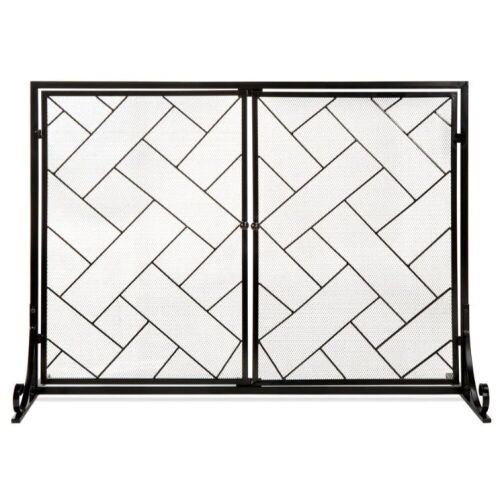 2-Panel Wrought Iron Geometric Fireplace Screen w/ Magnetic Doors - 44x33in - Lot 680