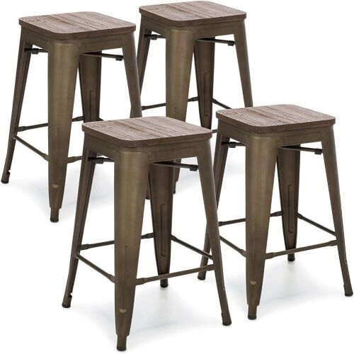 24in Metal Industrial Distressed Bar Counter Stools w/Wooden Seat Top, Set of 4, Copper - Lot 867