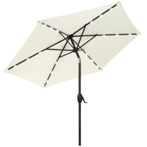 7.5ft Outdoor Solar Patio Umbrella for Deck, Pool w/ Tilt, Crank, LED Lights - Lot 919