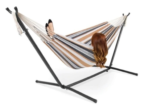 2-Person Brazilian-Style Double Hammock w/ Carrying Bag and Steel Stand, Appears New - Lot 972